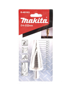 D-40163-MAKITA-Broca escalonada espiral de hss 4-32 mm, zanco recto 3 planos, blister con una pieza.