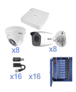 KESTXLT8BW/8EW-EPCOM-KIT TurboHD 720p / DVR 16 Canales / 8 Cámaras Bala (exterior 3.6 mm) / 8 Cámaras Eyeball (interior 3.6 mm) / Transceptores / Conectores / Fuente Heavy Duty 20A, Hasta 15Vcc para Larga Distancias