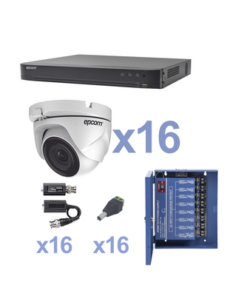 KEVTX8T16EW - KEVTX8T16EW-EPCOM-KIT TurboHD 1080p / DVR 16 Canales / 16 Cámaras Eyeball (exterior 2.8 mm) / Transceptores / Conectores / Fuente de Poder Profesional - Relematic.mx - KEVTX8T16EW-p