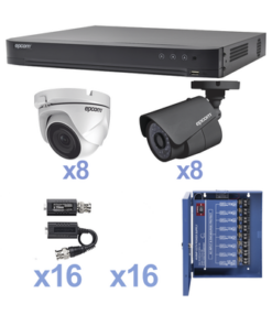 KEVTX8T8BW/8EW-EPCOM-KIT TurboHD 1080p / DVR 16 Canales / 8 Cámaras Bala (exterior 2.8 mm) / 8 Cámaras Eyeball (exterior 2.8 mm) / Transceptores / Conectores / Fuente de Poder Profesional