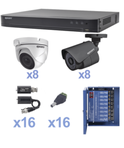 KEVTX8T8B/8EW - KEVTX8T8B/8EW-EPCOM-KIT TurboHD 1080p / DVR 16 Canales / 8 Cámaras Bala (exterior 2.8 mm) / 8 Cámaras Eyeball (exterior 2.8 mm) / Transceptores / Conectores / Fuente de Poder Profesional - Relematic.mx - KEVTX8T8B_8EW-p