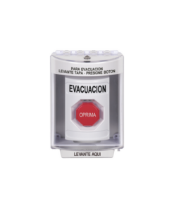 SS2382EV-ES-STI-Botón de Evacuación, Cubierta de Policarbonato Súper Resistente de Superficie con Espaciador, Restablecimiento con Llave, Con Bocina de Advertencia