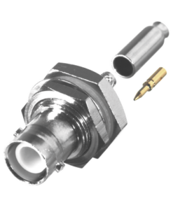 RP-1117-BT-RF INDUSTRIES,LTD-Conector BNC Hembra Inverso de Montaje Trasero en Panel, D-Plano, Hermético de Anillo Plegable para RG-174/U, Níquel/ Oro/ Teflón.