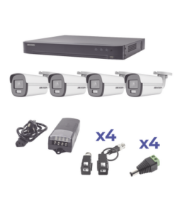 KH1080P4BC-HIKVISION-KIT COLORVU TURBOHD 1080p / DVR 4 Canales / 4 Cámaras Bala (exterior) lente 2.8mm / Fuente de poder profesional / Transceptores de video y Accesorios de corriente