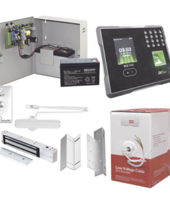 ACCESSKIT12-SYSCOM-Sistema Completo de Acceso Y asistencia, Incluye Lector Biometrico MB160ID, Chapa magnética con bracket, Cierra puerta, Botón de Salida, Cable " Gratis ", y fuente profesional con Batería