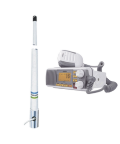 UM385/5101-UNIDEN-Kit de radio móvil VHF marino modelo UM-385 color blanco y antena marina Shakespeare de fibra de vidrio 5101