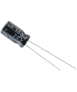 CE100/25V-SYSCOM-Capacitor Electrolítico de Aluminio, Radial de 100 µFd, 25 Vcc, 105 °C, 6.3 x 11 mm.