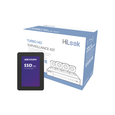 HL24LQKITS-M(B)/512GB-HiLook by HIKVISION-KIT TurboHD 1080p + SSD de 512 GB / DVR 4 canales / 4 Cámaras Bala de Metal / Fuente de Poder / Accesorios de Instalación