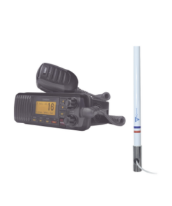 UM-385BK/KIT5101-UNIDEN-Kit de radio UM385BK | mas antena marina de fibra de vidrio TX-5101SYS/10M fabricada en fibra de vidrio con base roscable de acero inoxidable