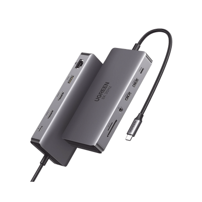 15965-UGREEN-HUB USB-C (Docking Revodok Pro 211) 11 en 1 | 2 Puertos HDMI 8K,4K@60Hz | USB-C 3.2 (10Gbps) | 2 USB-A 3.2 (10Gbps) | USB-A 3.0 (5Gbps) | USB-C PD Carga 100W | RJ45 (Gigabit Ethernet) | SD + Micro SD (TF) Simultáneo | Jack Audio 3.5mm.
