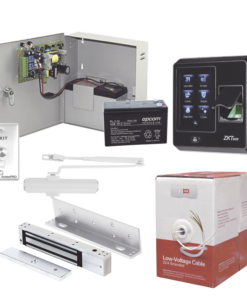 ACCESSKIT5P-AccessPRO-Sistema Completo de Acceso, Incluye Lector Biometrico SF300, Chapa magnética con bracket, Cierra puerta, Botón de Salida, Cable " Gratis ", y fuente profesional con Batería