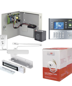 ACCESSKIT6P-AccessPRO-Sistema Completo de Acceso, Incluye Lector Biometrico ICLOCK990, Chapa magnética con bracket, Cierra puerta, Botón de Salida, Cable " Gratis ", y fuente profesional con Batería
