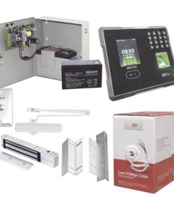 ACCESSKIT9P-SYSCOM-Sistema Completo de Acceso Y asistencia, Incluye Lector Biometrico MB160ID, Chapa magnética con bracket, Cierra puerta, Botón de Salida, Cable " Gratis ", y fuente profesional con Batería